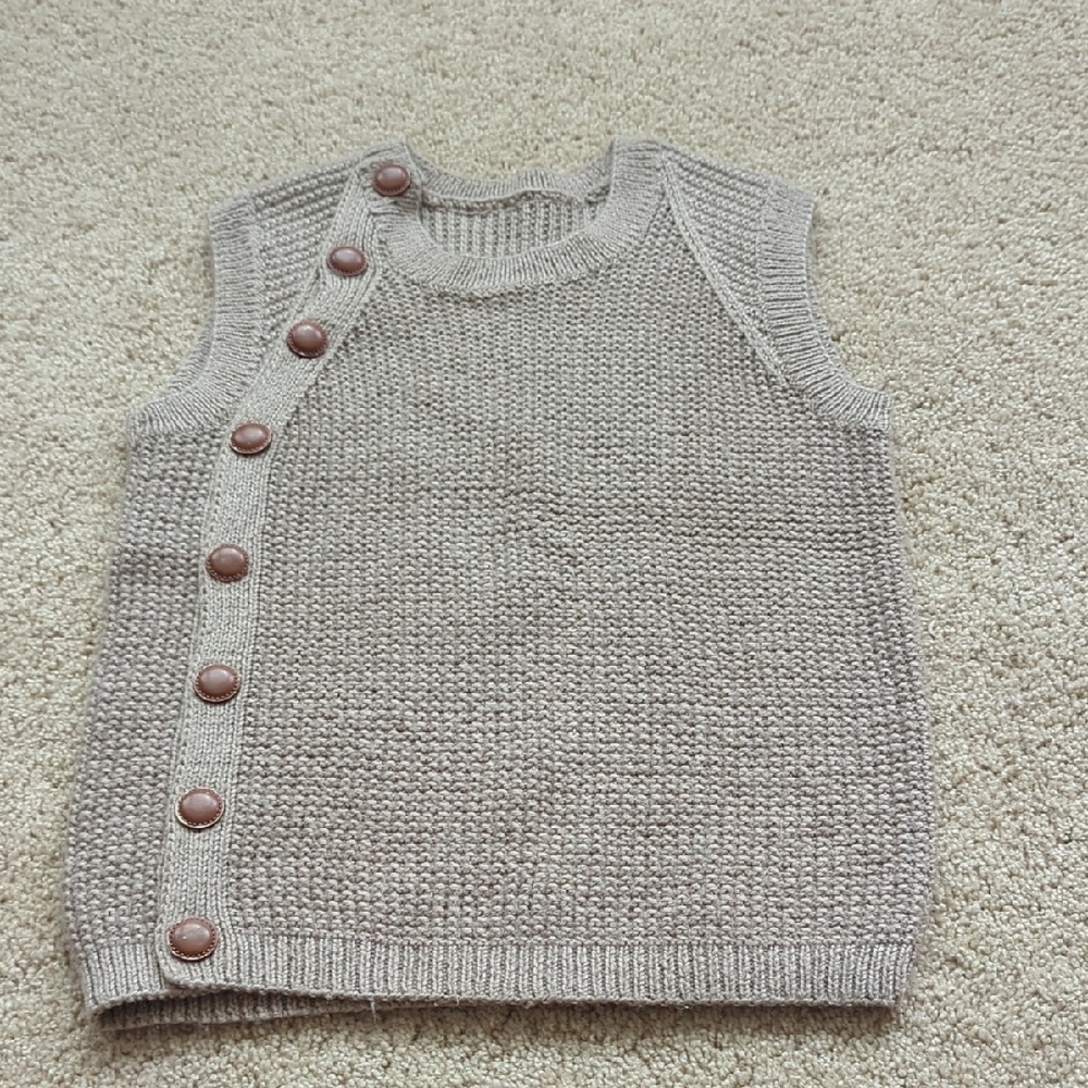 Kids Sleeveless Handknit Vest With Buttons- Beige
